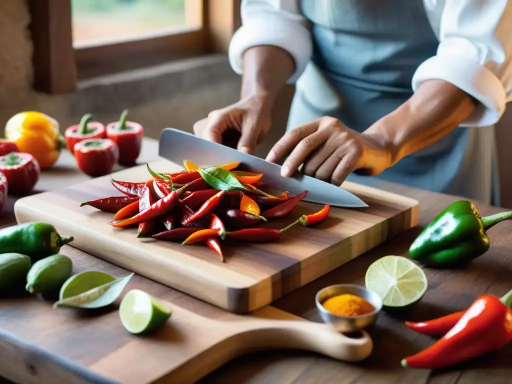 Chef peruano cortando ajíes mirasol para recetas