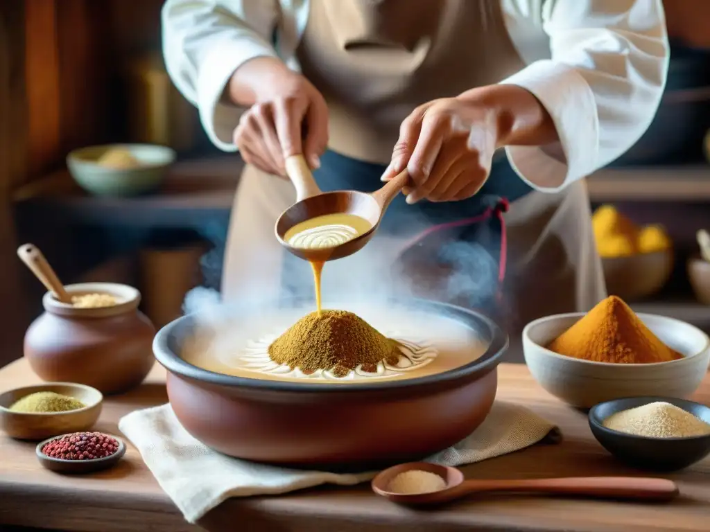 Un chef peruano mezcla Miso Andino en una cocina rústica, resaltando la tradición culinaria