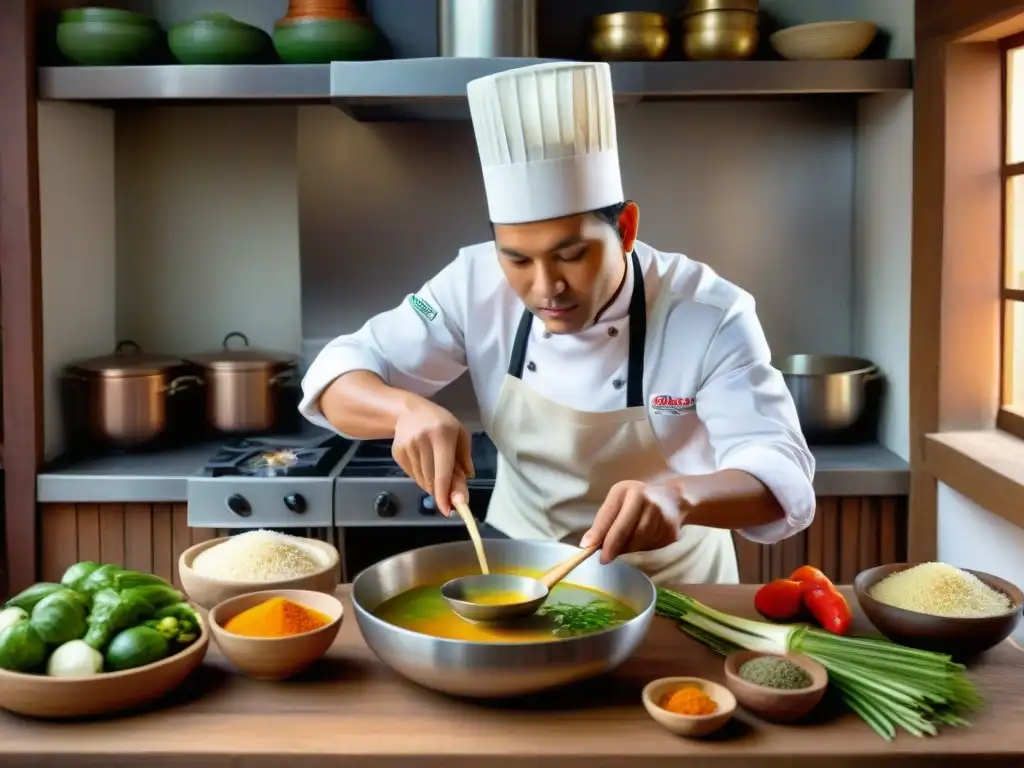 Un chef peruano preparando Miso Andino en una cocina rústica, resaltando la fusión de sabores andinos