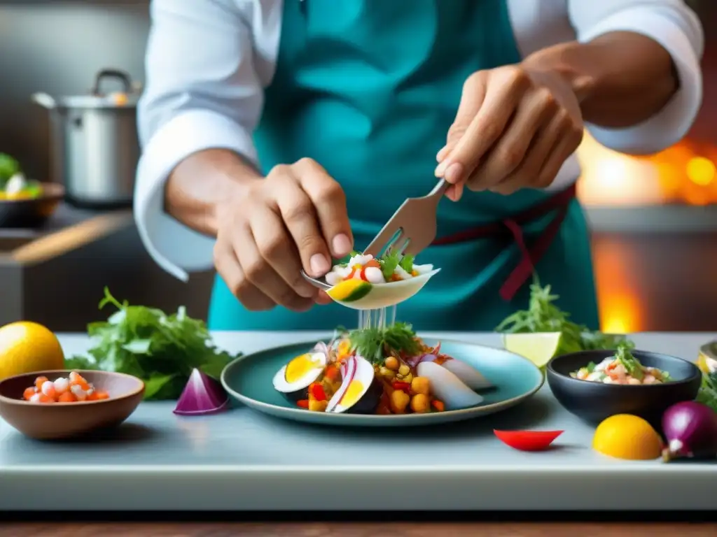 Un chef peruano fusiona tradición y modernidad al decorar un ceviche con utensilios, resaltando la importancia de la estética en platos peruanos