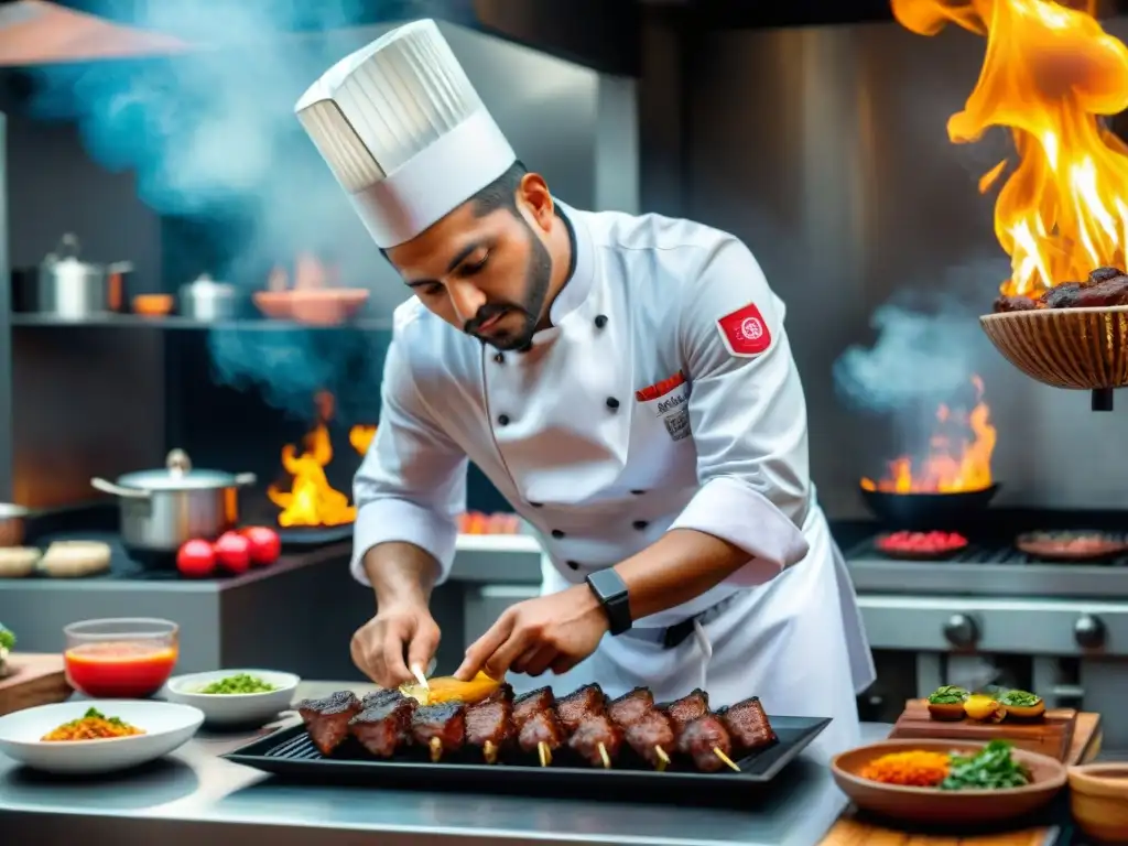 Un chef peruano moderno reinterpreta los anticuchos con precisión en una cocina profesional