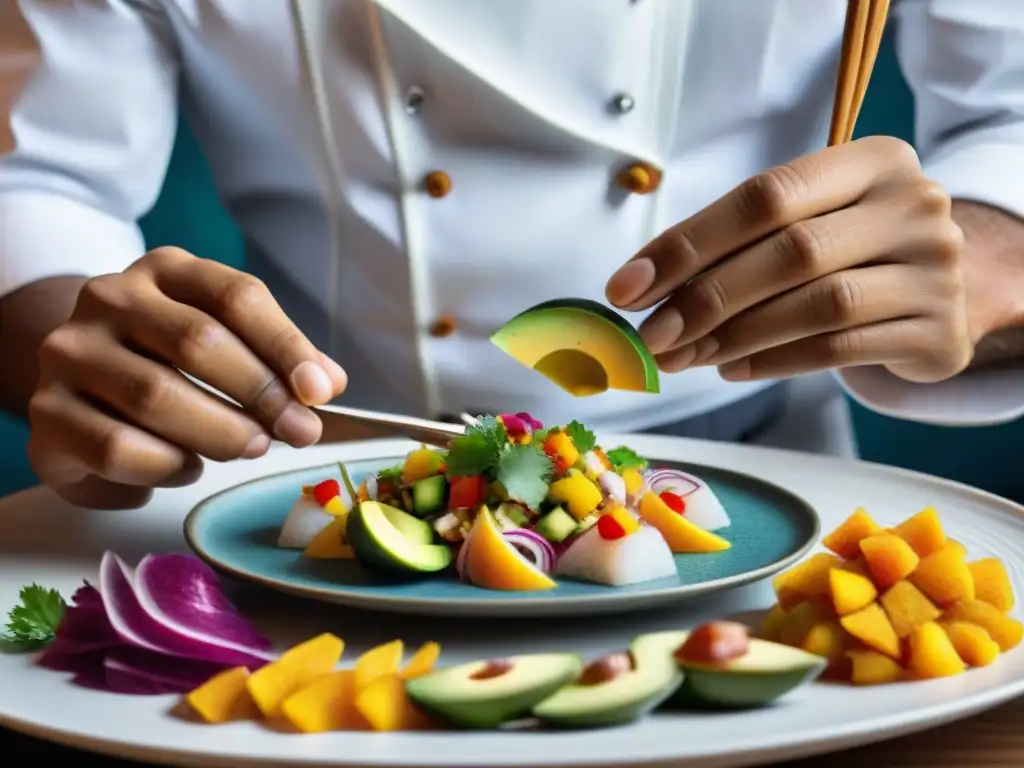 Un chef peruano moderno presenta un ceviche vibrante con precisión en una cocina minimalista