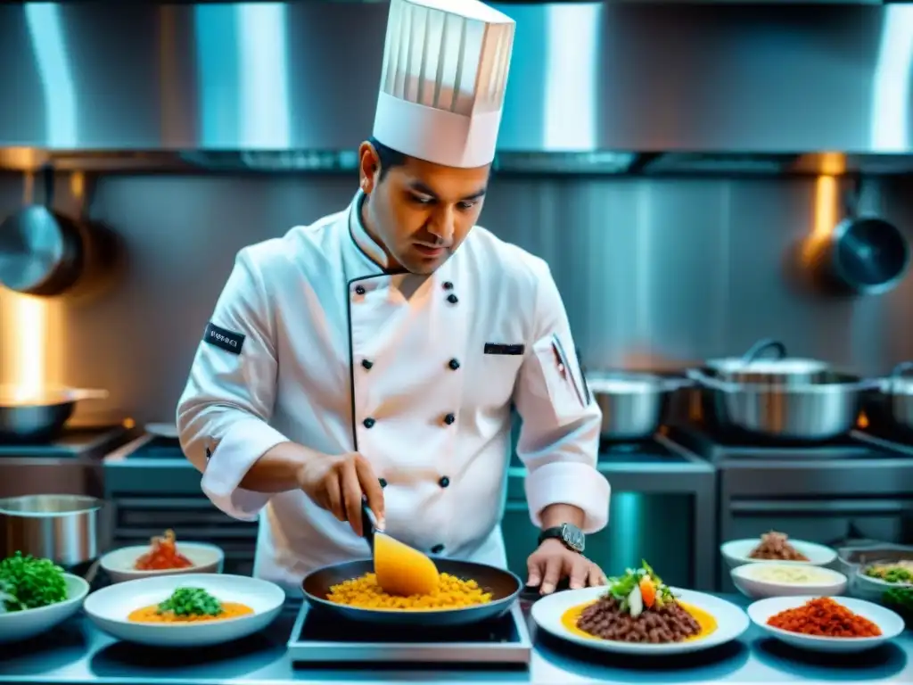 Un chef peruano moderno en una cocina avanzada, fusionando tecnología en gastronomía peruana en Lima