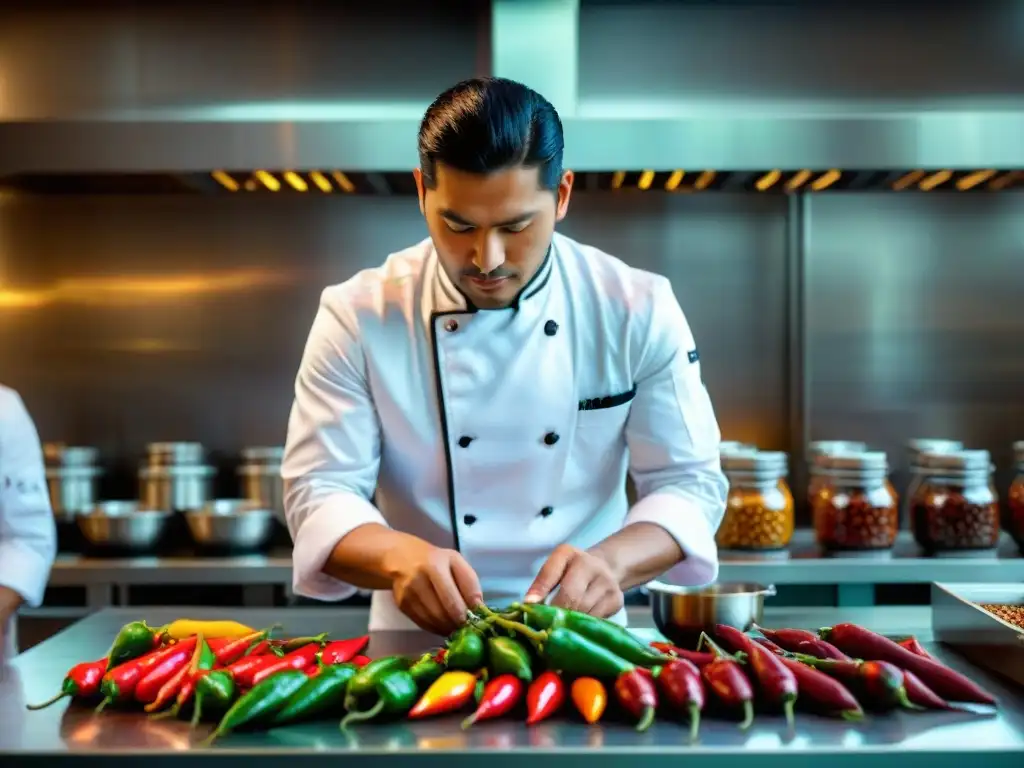 Un chef peruano moderno seleccionando y moliendo ajíes moche, fusionando sabores ancestrales gastronomía peruana