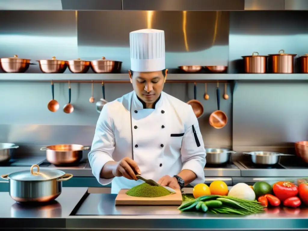 Un chef peruano moderno preparando plato tradicional en cocina inteligente