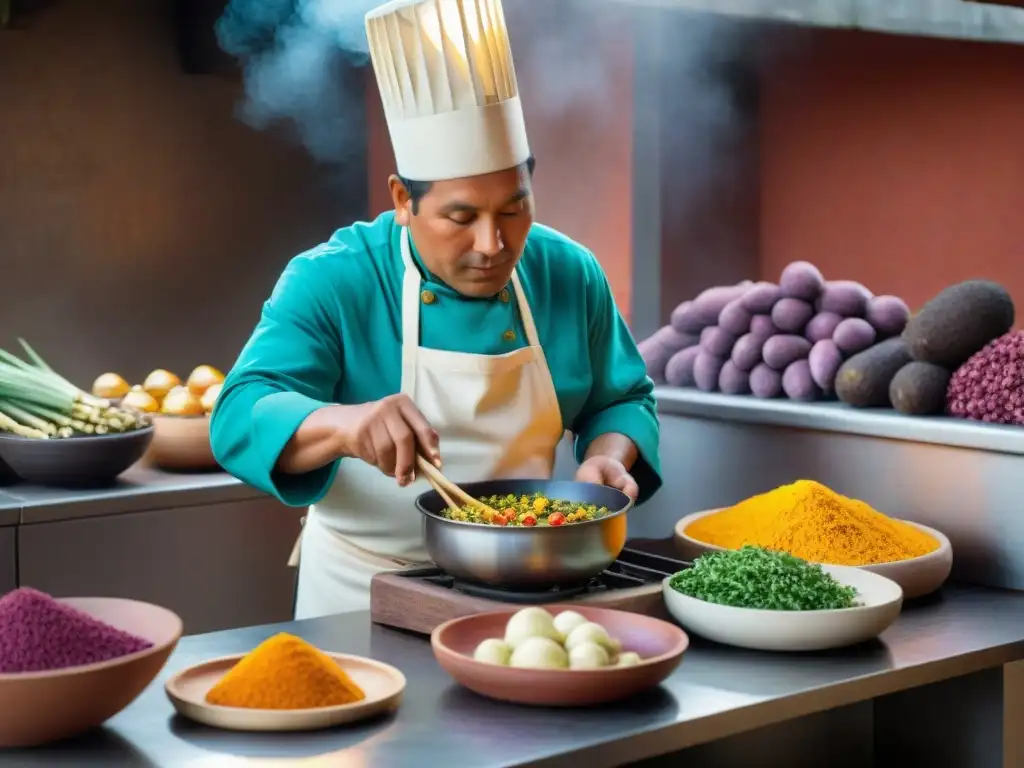 Chef peruano moderno preparando plato inca en cocina sofisticada con ingredientes autóctonos