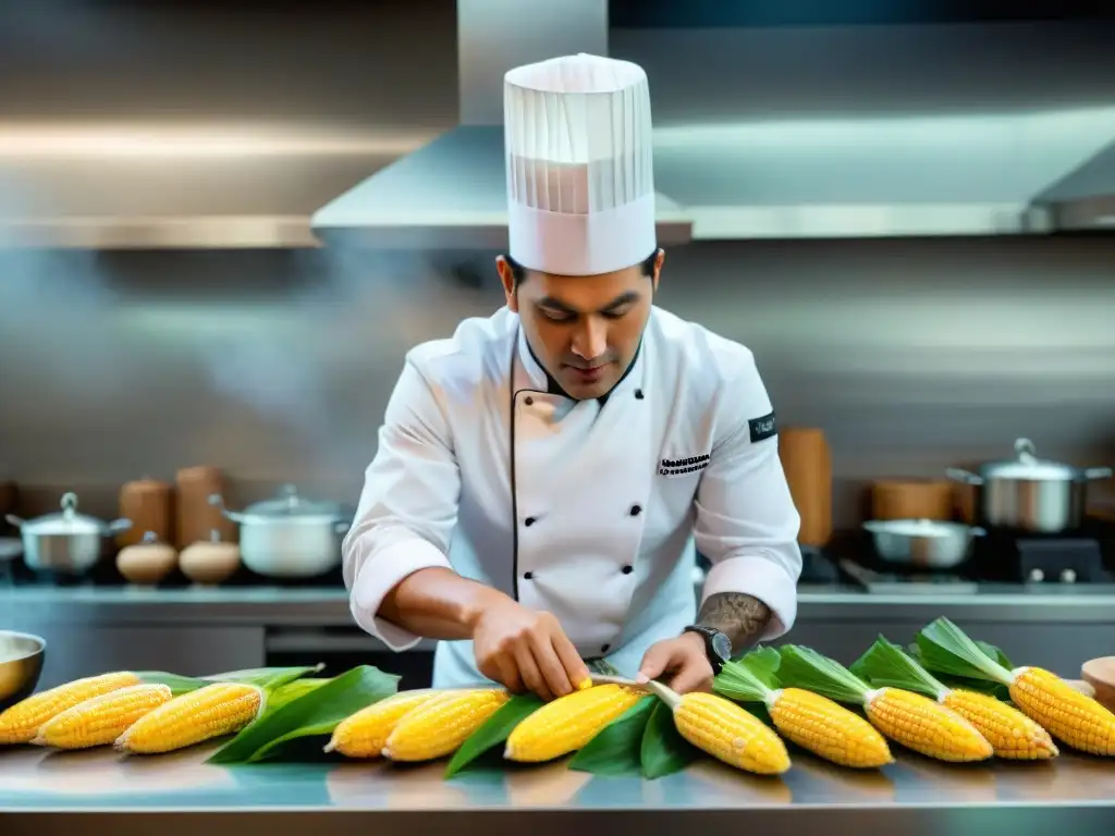 Un chef peruano moderno preparando una receta auténtica juane peruano con un toque contemporáneo en una cocina elegante y vibrante