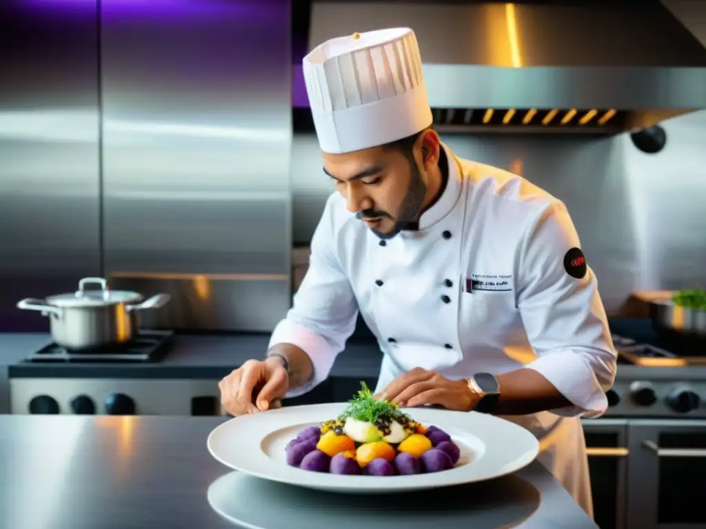 Chef peruano moderno preparando receta de ocopa peruana contemporánea en cocina profesional