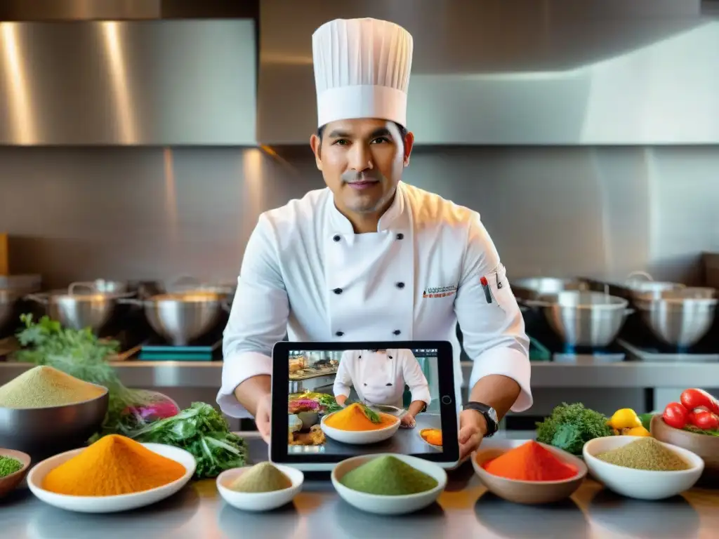 Un chef peruano moderno crea recetas digitales peruanas innovadoras en una cocina vibrante