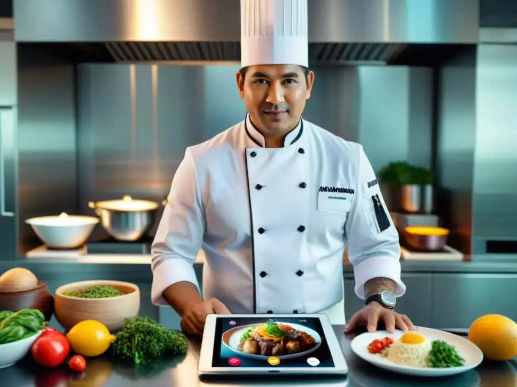 Un chef peruano moderno usando recetas digitales peruanas innovadoras en una cocina futurista