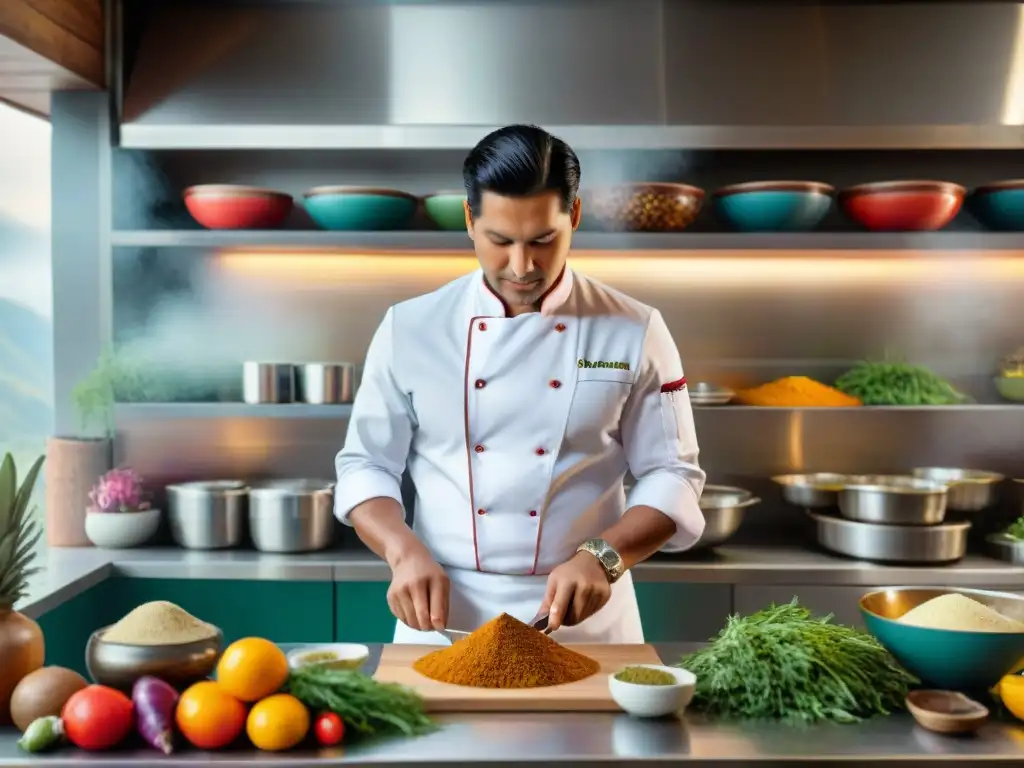 Un chef peruano moderno fusionando sabores y técnicas en una cocina innovadora