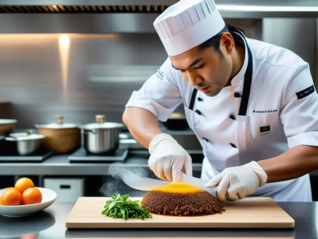 Chef peruano moderno utilizando técnicas de conservación modernas Perú para envasar ingredientes en cocina de vanguardia