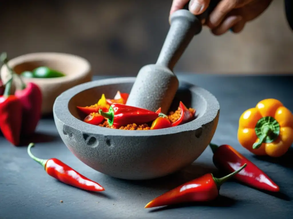 Un chef peruano utiliza un molcajete para moler ajíes rojos, mostrando la historia y las herramientas de cocina peruana