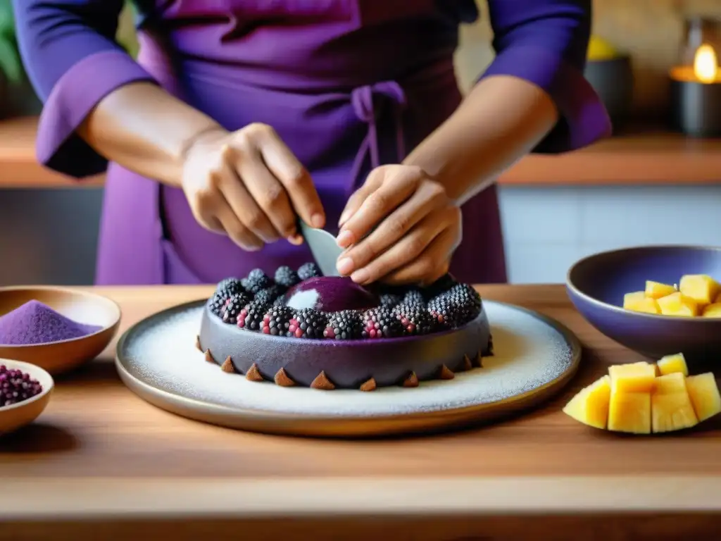 Un chef peruano prepara Mazamorra Morada en cocina tradicional con ingredientes autóctonos