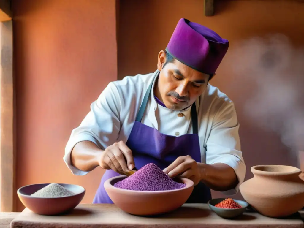 Un chef peruano muele maíz morado en una cocina rústica, iluminada por luz natural