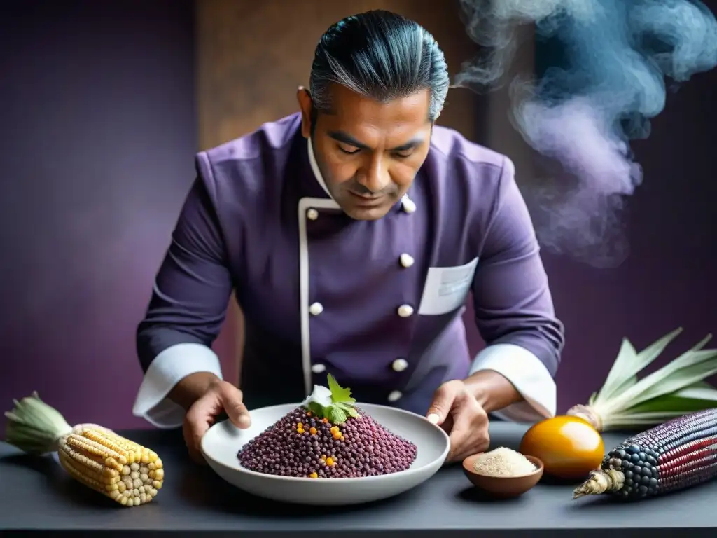 Chef peruano innovador frente a maíz morado: fusión culinaria Chef peruano preparando maíz morado en cocina vanguardia peruana