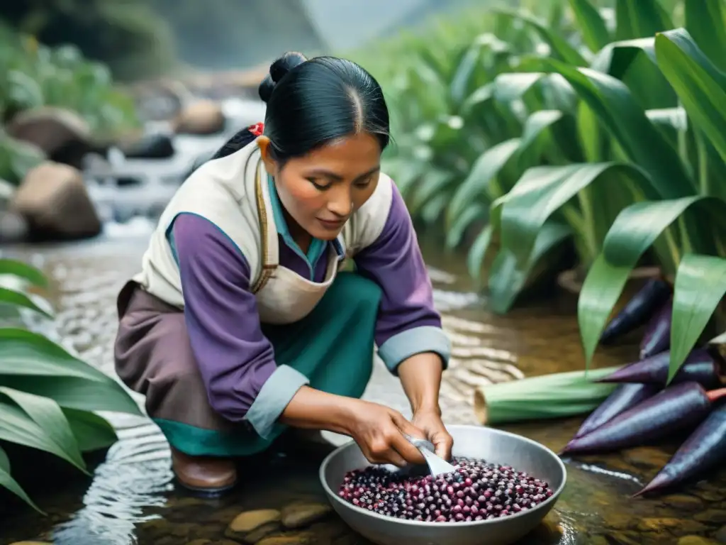 Un chef peruano lava maíz morado en un río de los Andes resaltando la importancia del agua en gastronomía tradicional