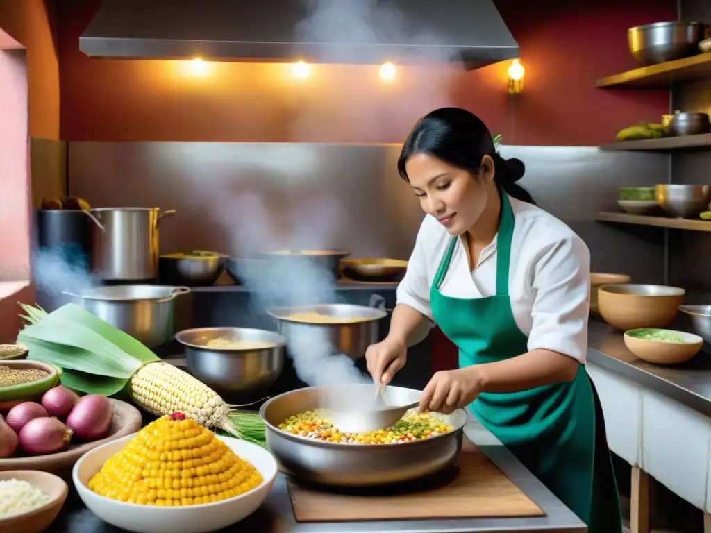 Un chef peruano prepara mote en una cocina tradicional, resaltando la importancia del mote en Perú