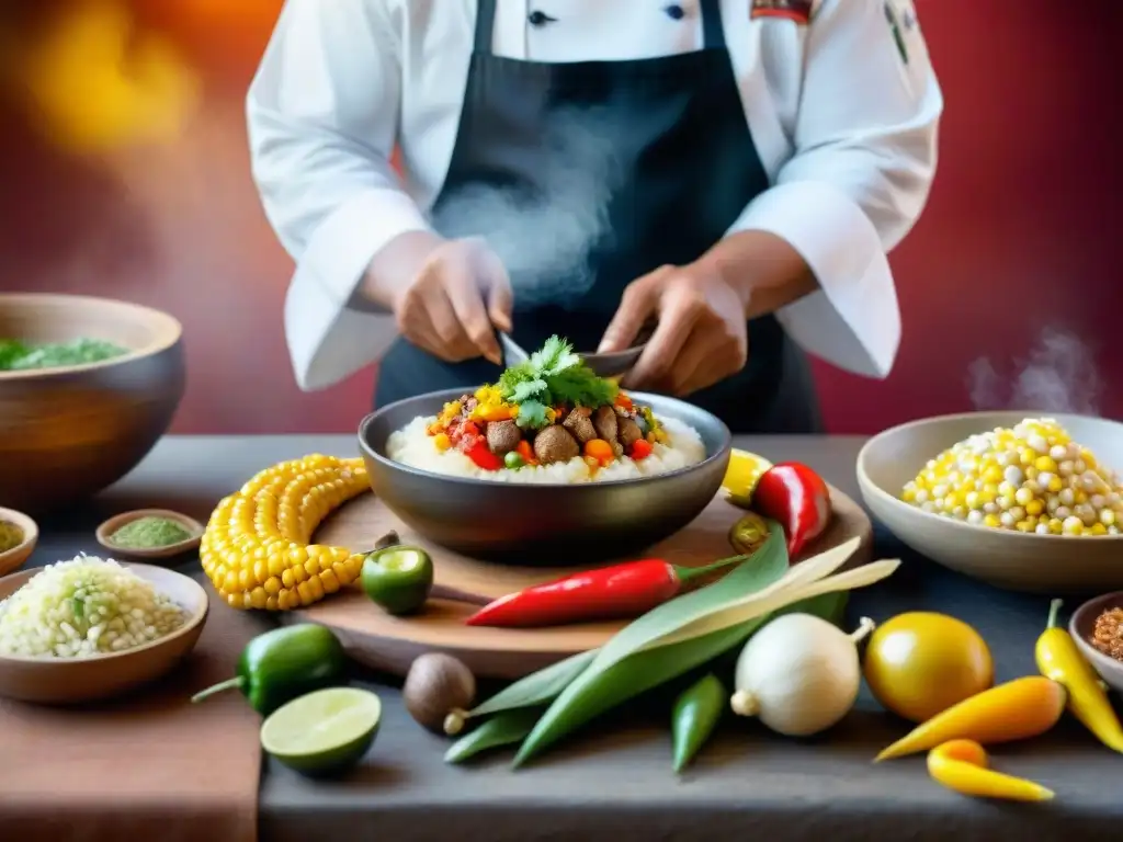 Chef peruano preparando mote con ingredientes vibrantes