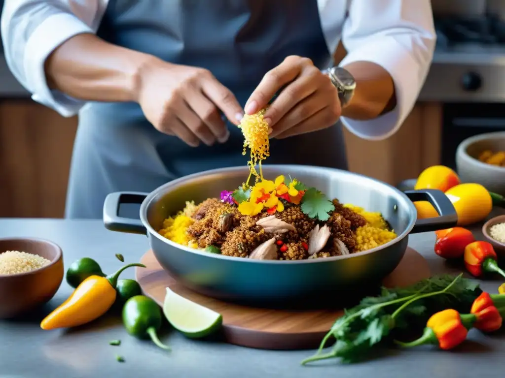 Un chef peruano preparando nuevas versiones de ají de gallina en cocina contemporánea, fusionando tradición e innovación