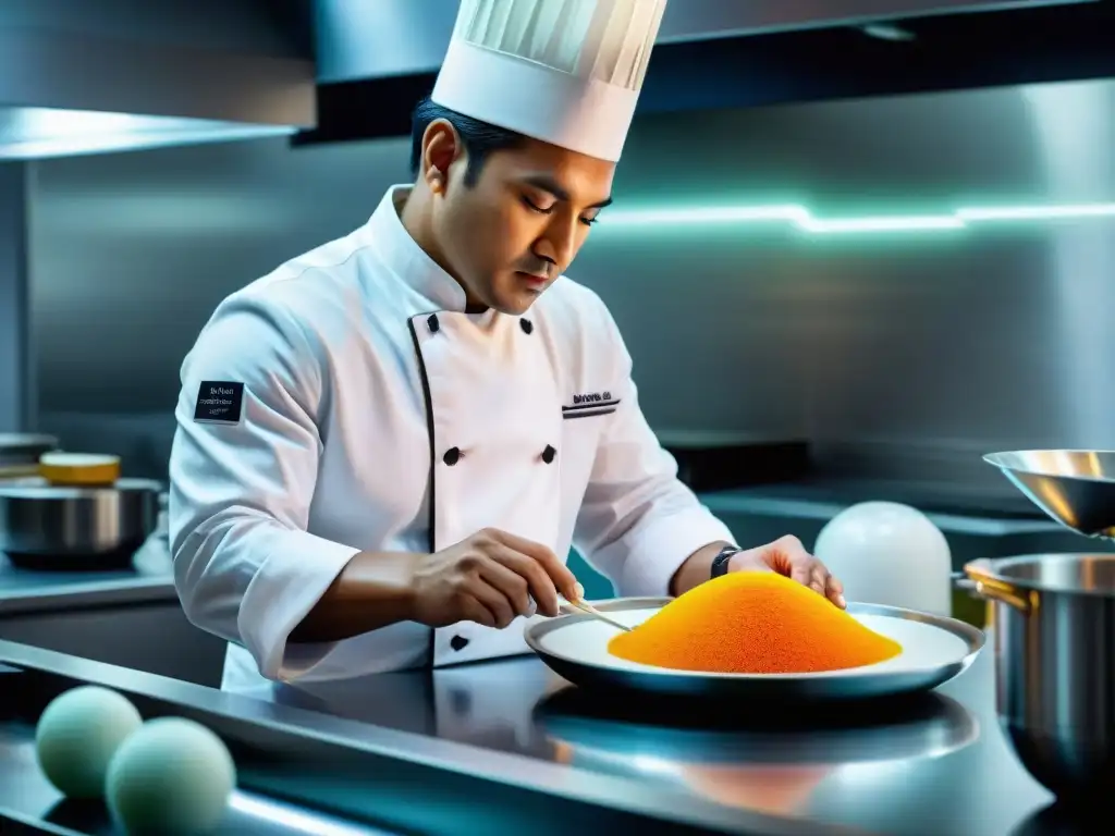 Chef peruano innova con arte molecular en laboratorio culinario Un chef peruano crea una obra de arte de gastronomía molecular en un laboratorio de vanguardia