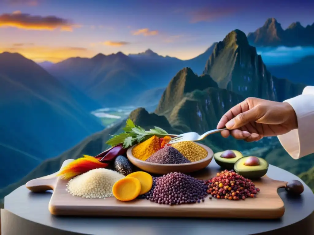 Un chef peruano crea una obra de arte culinaria con ingredientes tradicionales bajo un atardecer dorado en los Andes