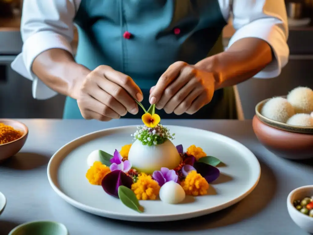 Un chef peruano crea una obra maestra con flores comestibles, ceviche y salsas, fusionando tradición e innovación culinaria