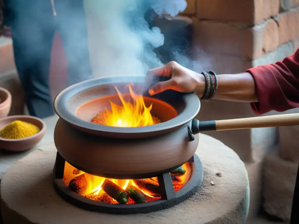 Chef peruano cocinando con olla de barro sobre fuego, resaltando la tradición y sabores de la cocina peruana