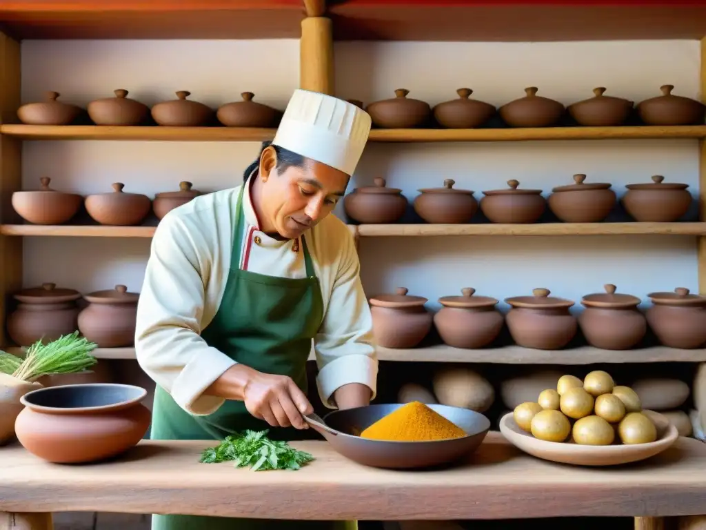 Un chef peruano preparando olluco con charqui en una cocina andina