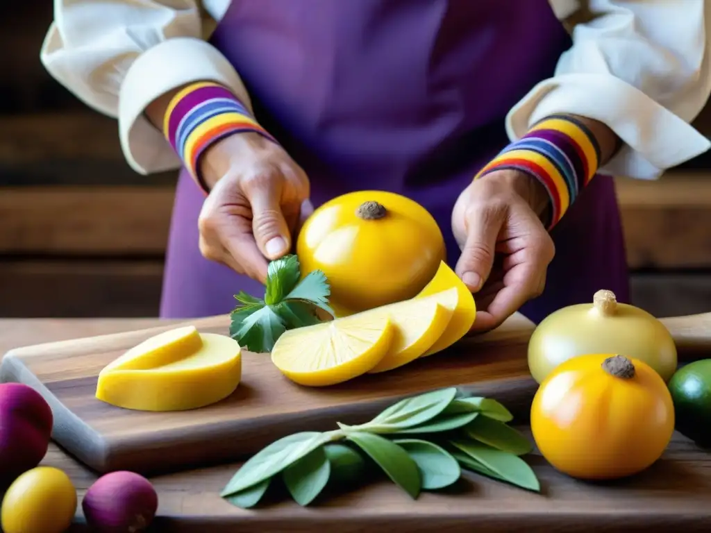 Un chef peruano corta ollucos, mashua y papas nativas para un Ajiaco de Olluco con ingredientes peruanos