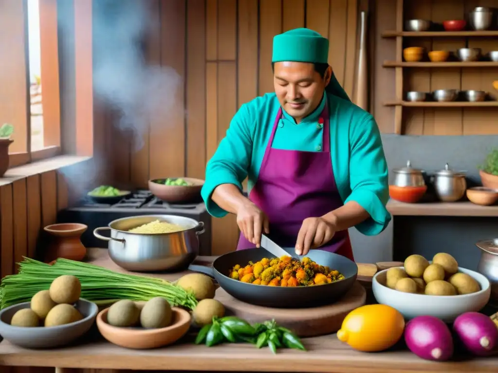 Chef peruano preparando Olluquito con Charqui en cocina tradicional Un chef peruano preparando olluquito con charqui en una cocina tradicional