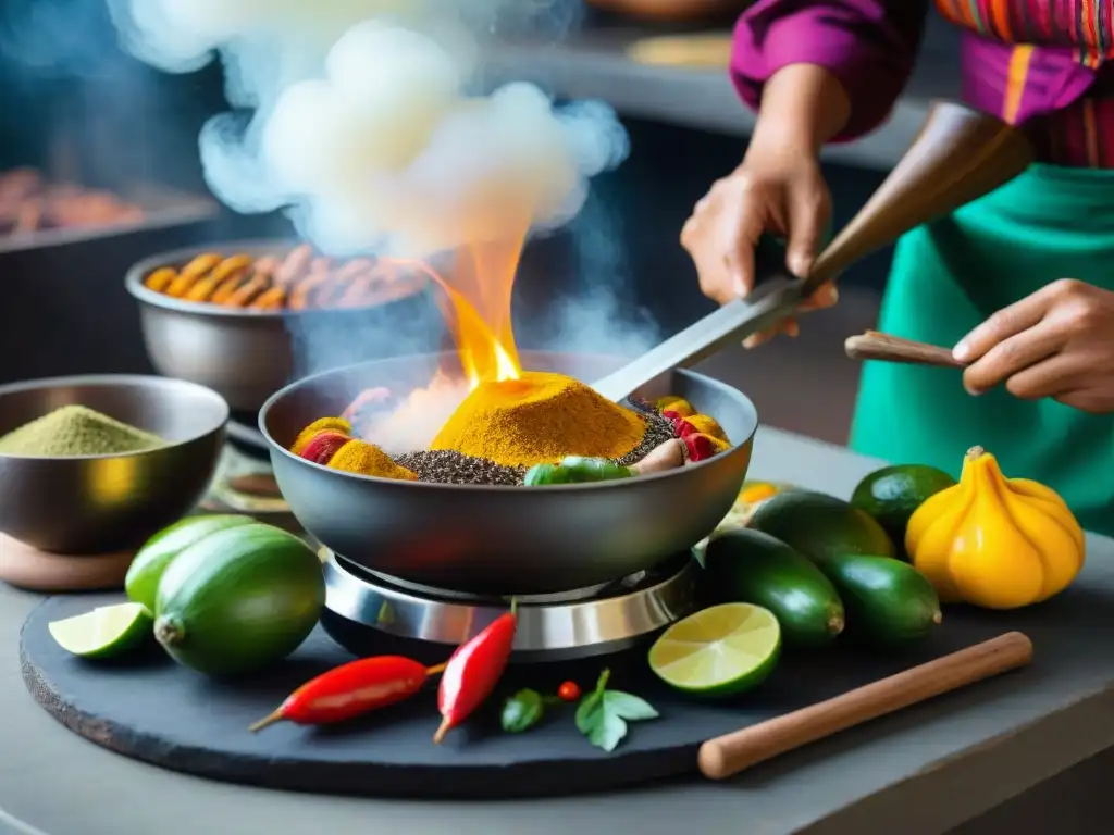 Chef peruano preparando olluquito con charqui en cocina tradicional Un chef peruano prepara olluquito con charqui en una cocina tradicional, con ingredientes frescos