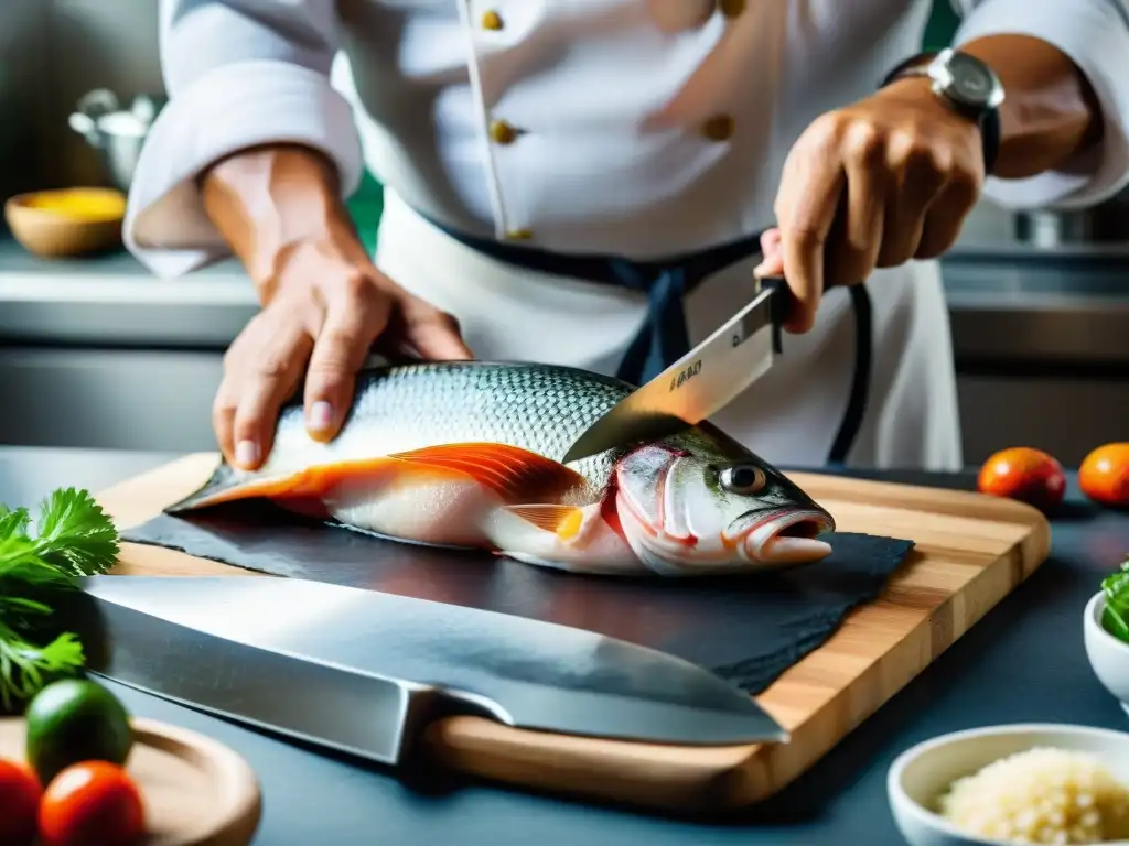 Un chef peruano fileteando un paiche gigante amazónico en una cocina moderna, mostrando destreza y creatividad en platos innovadores