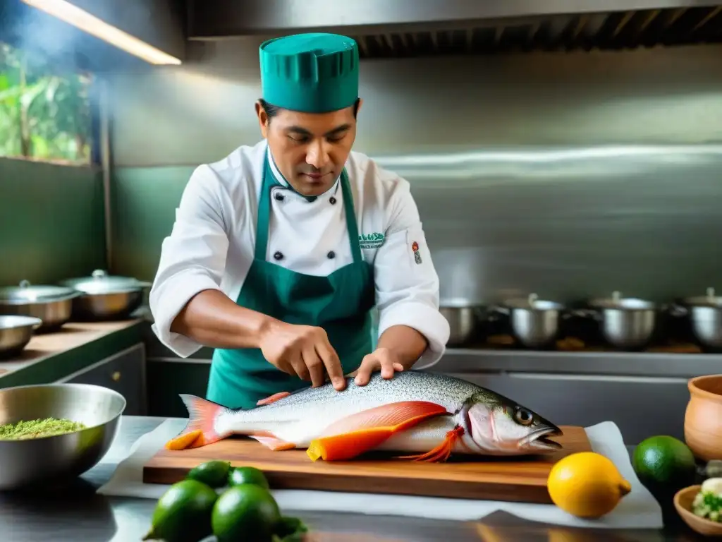 Un chef peruano fileteando un paiche gigante en la selva amazónica para platos innovadores