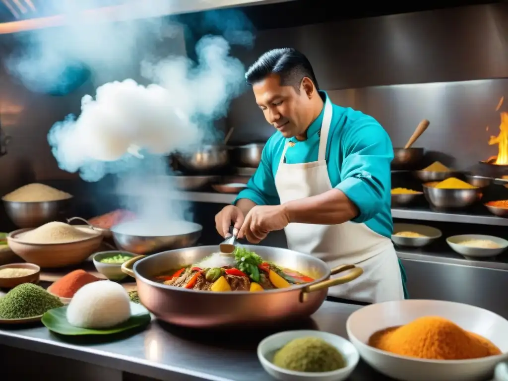 Un chef peruano preparando Papa a la Huancaína en una cocina tradicional llena de vida y color