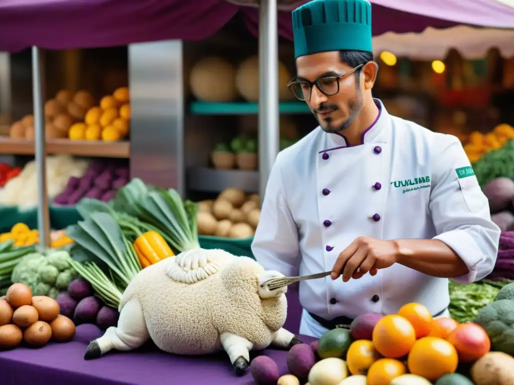 Chef peruano esculpe llama con papas moradas en mercado vibrante