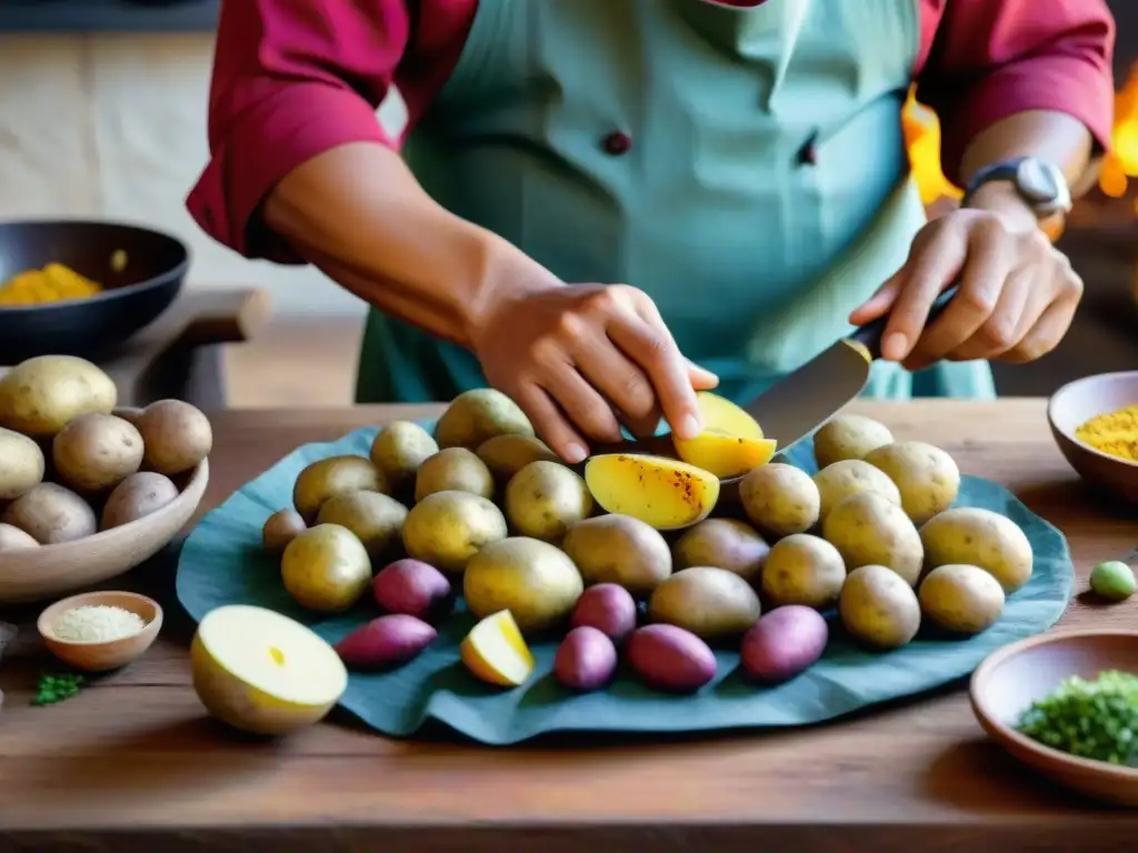 Un chef peruano prepara papas nativas con destreza en cocina rústica