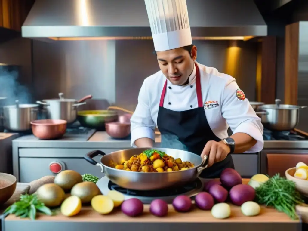 Un chef peruano incorpora papas nativas en recetas internacionales, en una cocina bulliciosa