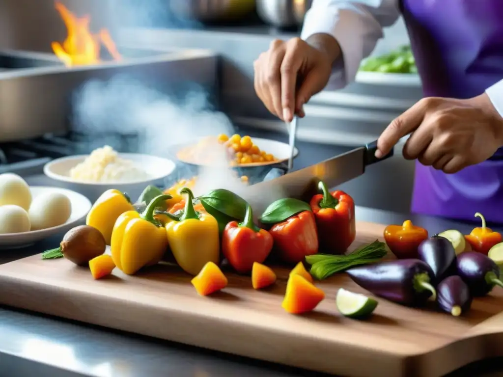 Un chef peruano preparando papas peruanas en una cocina bulliciosa con ingredientes frescos