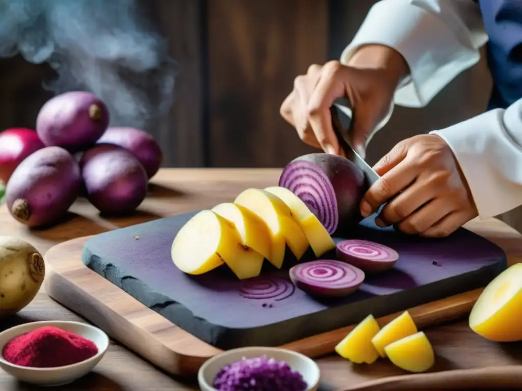 Un chef peruano cortando papas peruanas coloridas, mostrando la importancia de la papa peruana en la gastronomía contemporánea