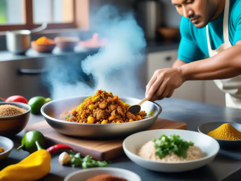 Un chef peruano prepara con pasión el ají de gallina en una cocina vibrante con ingredientes coloridos