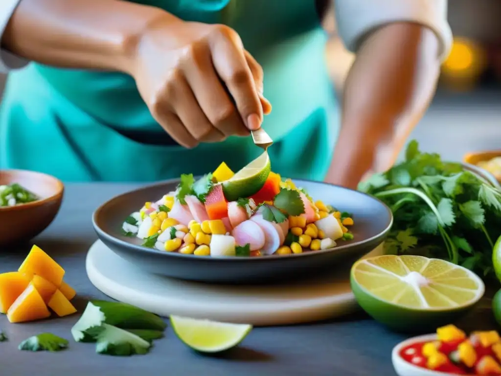 Un chef peruano prepara con pasión un ceviche tradicional, reflejando la autenticidad y riqueza de la gastronomía peruana