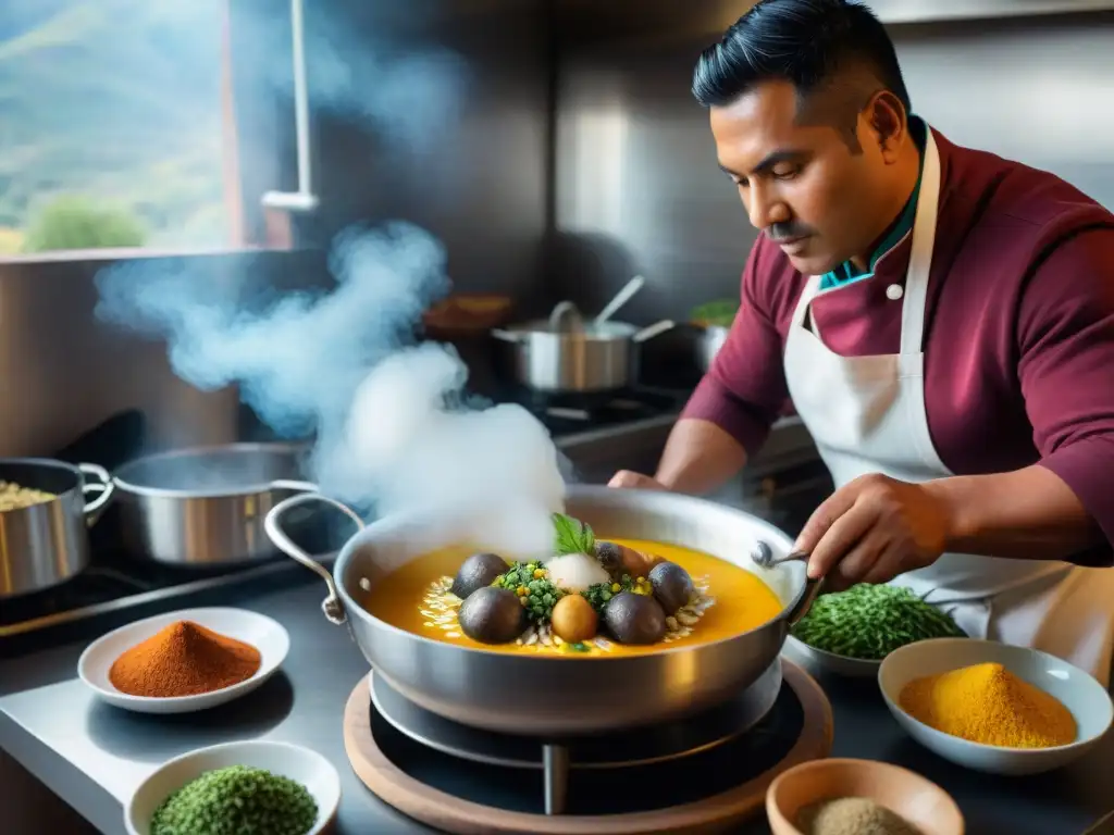 Un chef peruano prepara con pasión una receta autóctona del olluquito andino en una cocina moderna, rodeado de ingredientes frescos y coloridos