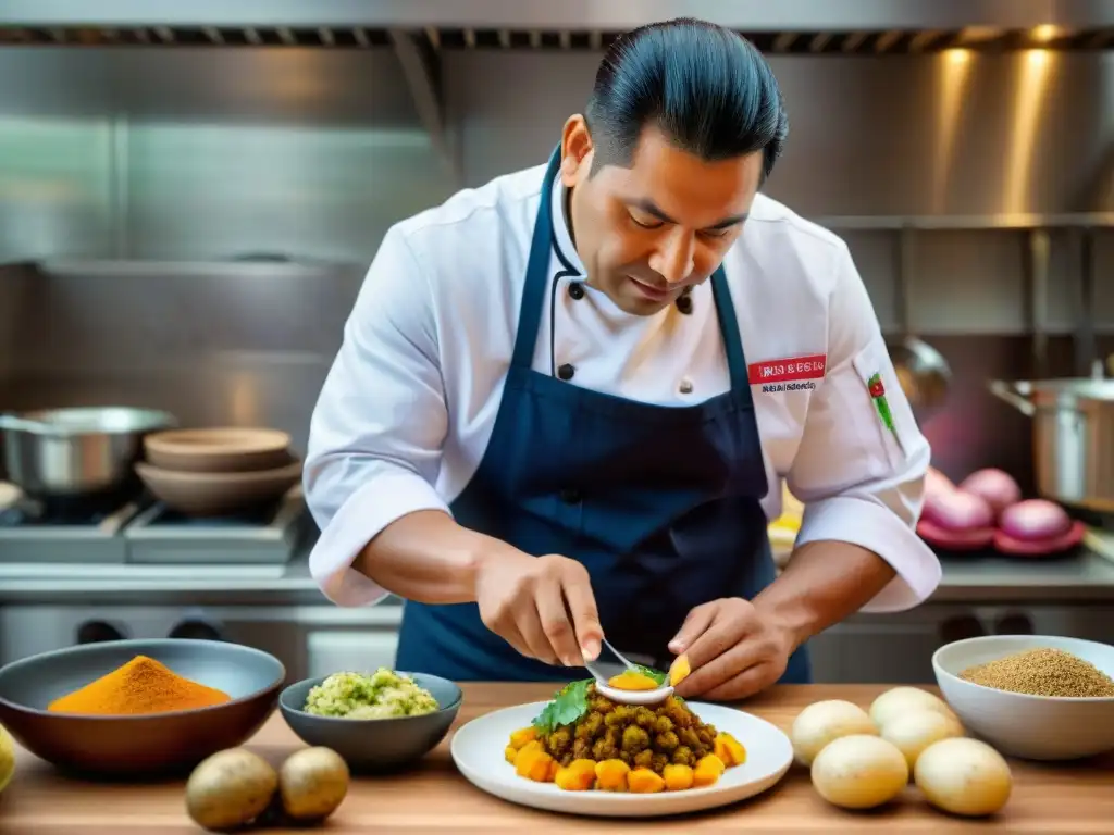 Chef peruano destaca la papa peruana, ingrediente estrella gastronomía, en plato colorido y detallado
