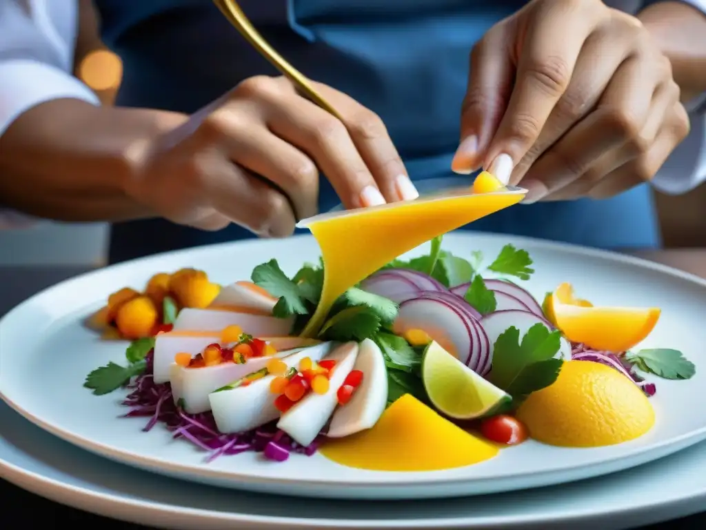 Chef peruano crea ceviche de autor: arte culinario en plato blanco Chef peruano influencia gastronomía: Chef peruano plato ceviche colorido con precisión y pasión