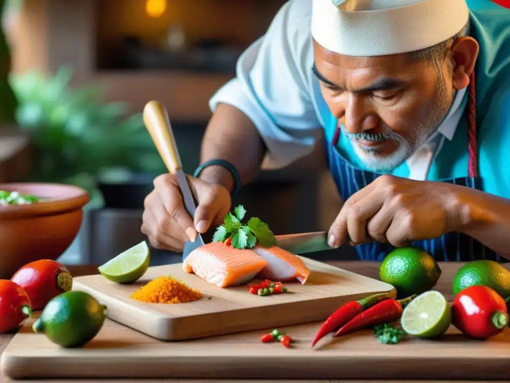 Un chef peruano cortando pescado para ceviche en cocina tradicional, con utensilios peruanos