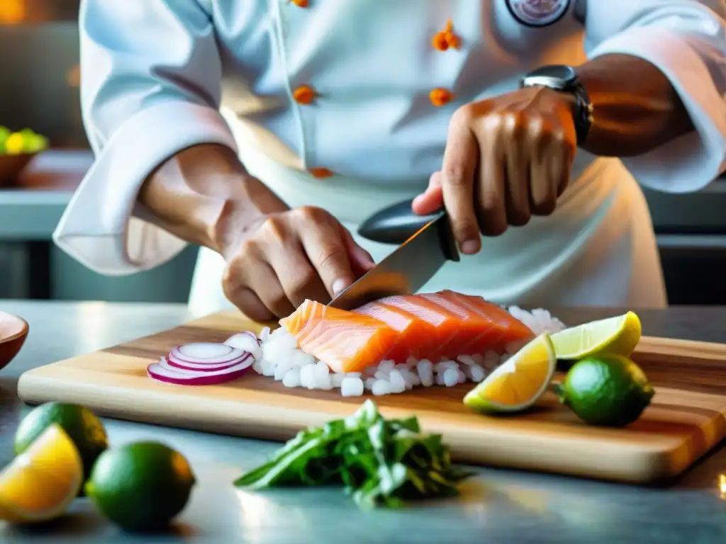 Un chef peruano cortando hábilmente pescado crudo para ceviche