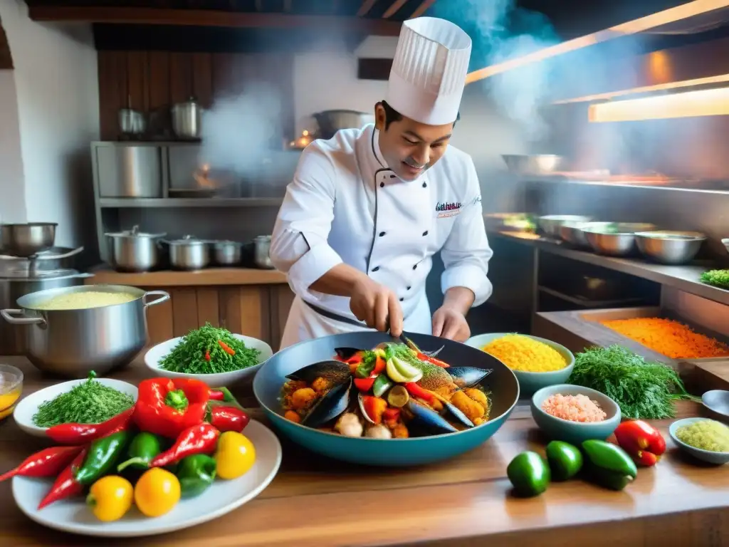 Un chef peruano preparando Pescado a lo Macho en una cocina tradicional llena de vida y color