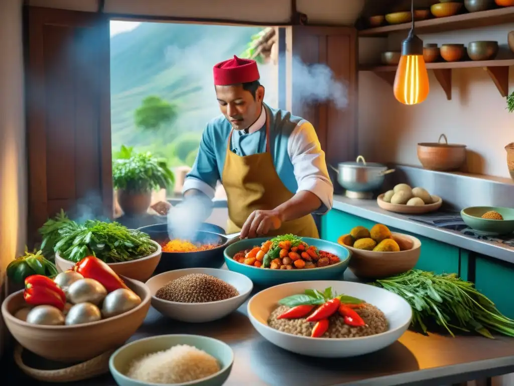 Un chef peruano prepara Picante de Cuy en una cocina tradicional llena de colores y aromas