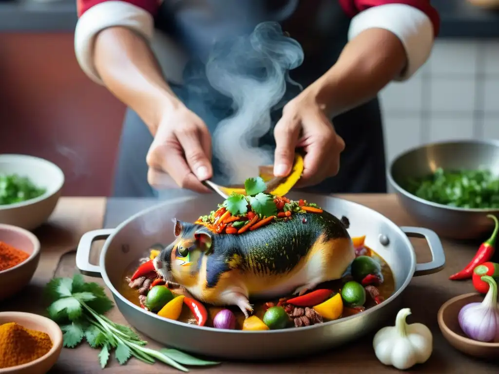 Un chef peruano prepara con maestría un Picante de Cuy Peruano en una cocina rústica